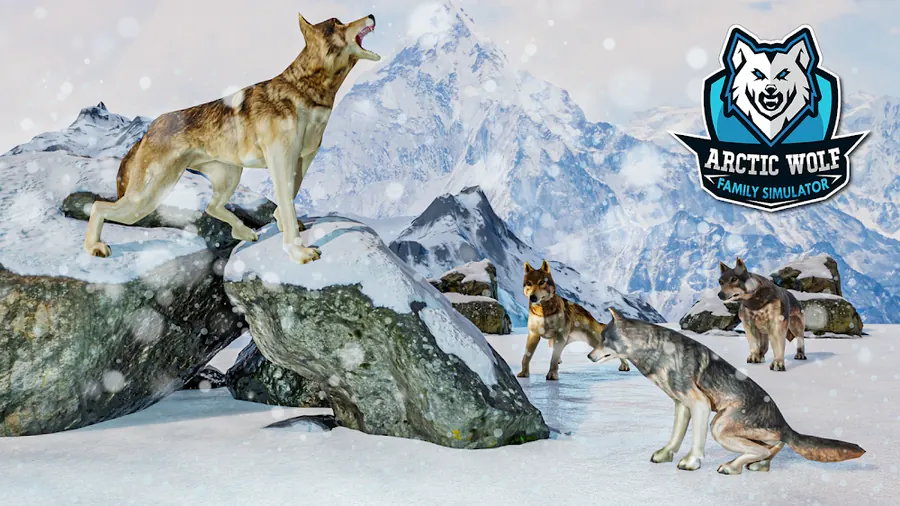 Imagem de loja de Arctic Wolf Family Simulator: um lobo a uivar sobre um rochedo nevado, com outros três lobos ao fundo e montanhas cobertas de neve