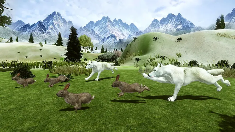 Arctic Wolf Family Simulator em jogo: dois lobos de pelagem clara a correr atrás de coelhos num prado verde, com montanhas nevadas ao fundo
