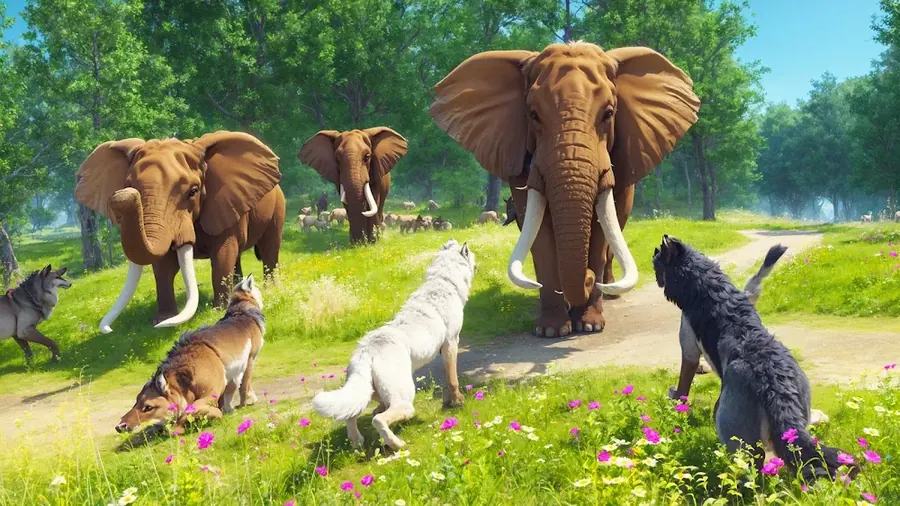 Virtual Arctic Wolf Family Sim em jogo: quatro lobos de pelagens diferentes numa clareira verde onde passam três elefantes