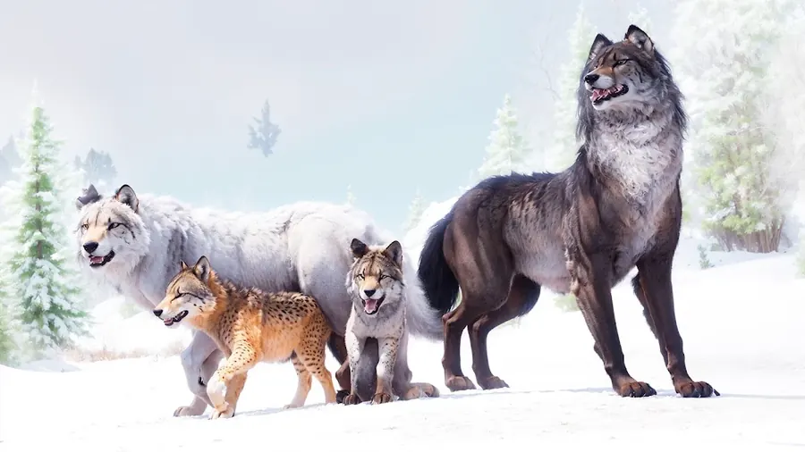 Virtual Arctic Wolf Family Sim: grupo de animais na neve, com dois lobos adultos e duas crias de pelagem malhada